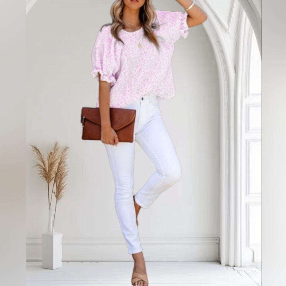 PINK & WHITE FLORAL CHIFFON SHORT SLEEVE BLOUSE NWOT SIZE XXL BOUTIQUE ITEM